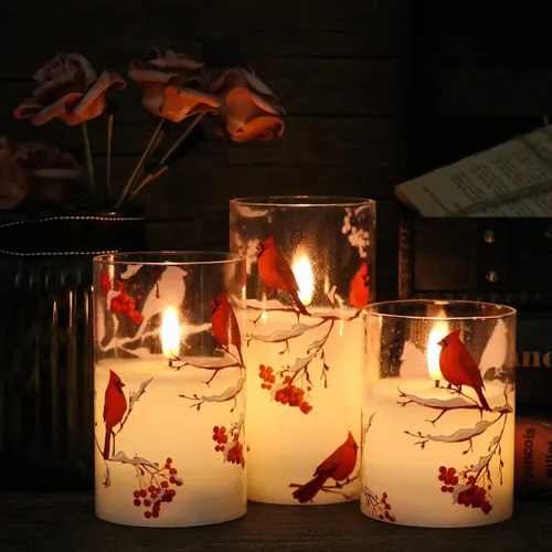 Miniatura 5 de GenSwin Velas de cristal sin llama Red Bird con temporizadores remotos, funciona con pilas, luz LED parpadeante con mecha 3D, velas de pilar de cera