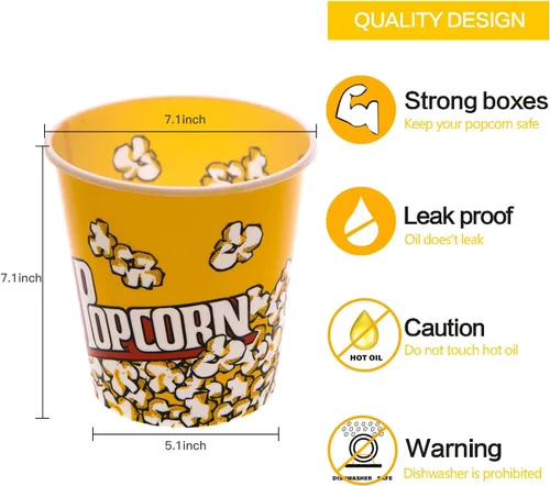 Miniatura 3 de Novelty Place Contenedores de plástico para palomitas de maíz de estilo retro para noche de películas, 7 pulgadas de alto x 7 pulgadas de diámetro