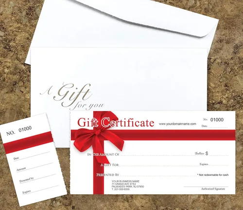 IMPACTONLINEPRINTING Tarjetas de regalo personalizadas con sobres, juego de 50 unidades, cinta roja, certificados de regalo para pequeñas empresas