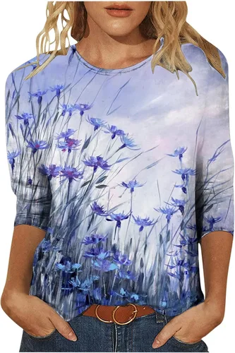 34 Sleeve Blouses for Women Hawaiian Flower Print Tees Cruise Graphic T Shirt Spring Shirts for Women 2024 Trendy