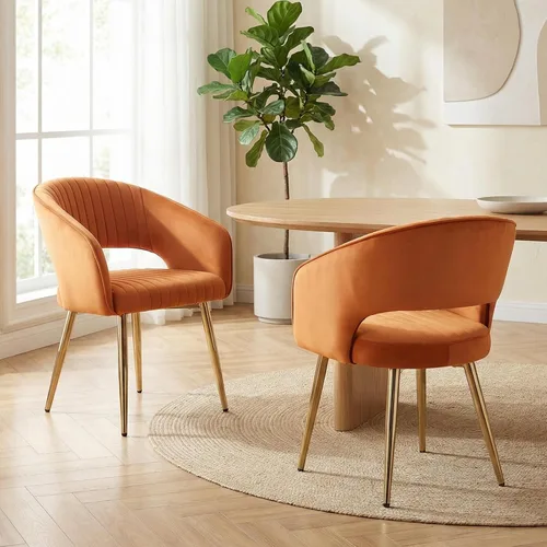 Miniatura 31 de Juego de 2 sillas de comedor modernas, tapizadas de piel sintética dorada con respaldo hueco, sillas de cocina con reposabrazos decorativos