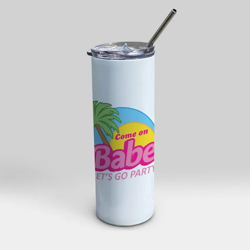 Miniatura 2 de Come On Babe Let's Go Party – Personalizar con nombre – Vaso de viaje de acero inoxidable blanco de 20 onzas con popote – Aislamiento al vacío