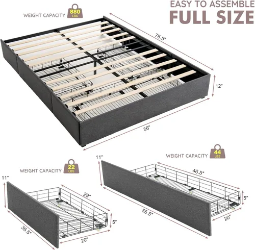 Miniatura 3 de Giantex Base de cama con 3 cajones, plataforma resistente de tamaño matrimonial con listones de madera, base de colchón con marco resistente,