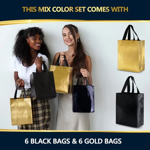 Miniatura 4 de Nush Nush Bolsas de regalo negras y doradas de tamaño mediano, juego de 12 bolsas de regalo reutilizables con asa