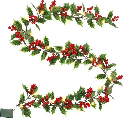 Miniatura 3 de ATDAWN - Guirnalda de Navidad Iluminada de Bayas Rojas de 7 Pies, Guirnalda Navideña Operada a Pilas con Luces, Guirnalda Artificial Flexible