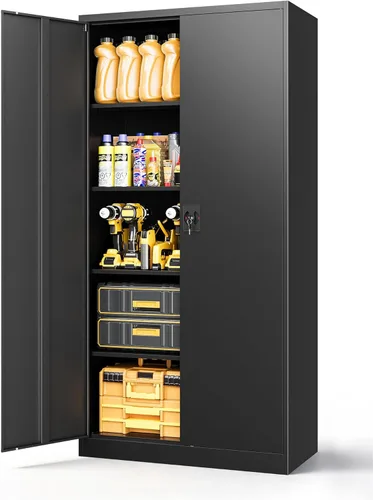 Miniatura 33 de Armario de almacenamiento de metal, archivador alto con 2 estantes ajustables y cajón, gabinete de herramientas de acero con cerradura para oficina