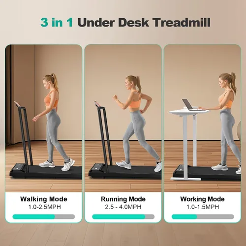 Miniatura 4 de Caminadora 3 en 1 para usar debajo del escritorio para oficina en casa con motor de 2.5 HP/4.0 MPH/45 dB, almohadilla para caminar con mango de Negro