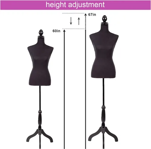 Miniatura 3 de Maniquí femenino con forma de maniquí femenino con soporte de base de trípode de madera, altura ajustable de 60 a 67 pulgadas, maniquí pinable