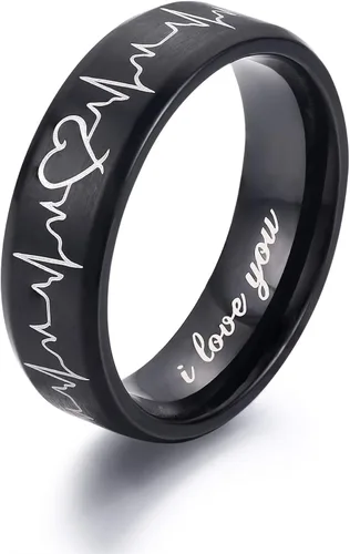 Miniatura 3 de Lavumo - Anillos de acero inoxidable a juego para promesa de boda de parejas diseño con grabado de latidos del corazón y leyenda I love you ajuste
