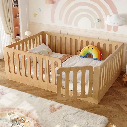 Miniatura 14 de Base de cama individual para niños, cama Montessori de metal con rieles y puerta, marco de cama de tamaño individual con barandillas