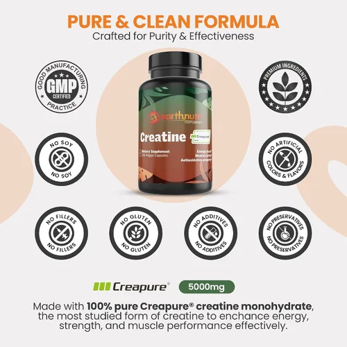 Miniatura 4 de EarthNutri Cápsulas de monohidrato de creatina, micronizadas para una mejor absorción, apoya la fuerza muscular, la fuerza y la recuperación, 105