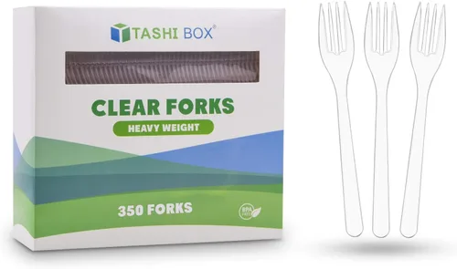 Tashibox 350 tenedores de plástico transparente extra resistentes, desechables, sin BPA, resistentes al calor, tenedores desechables sólidos y