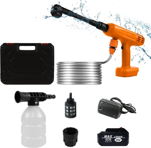Lavadora a presión inalámbrica, lavadora de energía portátil de 1200 PSI con batería de 4Ah y cargador, boquilla 6 en 1, manguera de 5 metros,