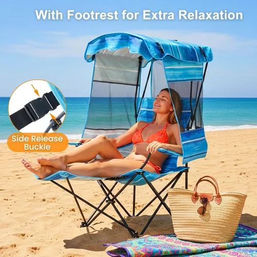 Miniatura 4 de ABORON Silla de camping con toldo, silla de playa plegable con sombra, silla portátil para exteriores con portavasos y bolsa refrigeradora