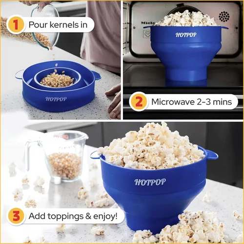 Miniatura 3 de El original Hotpop - Palomitero para microondas, máquina de palomitas de silicona, cuenco plegable sin BPA y apto para lavavajillas - 20 colores Azul