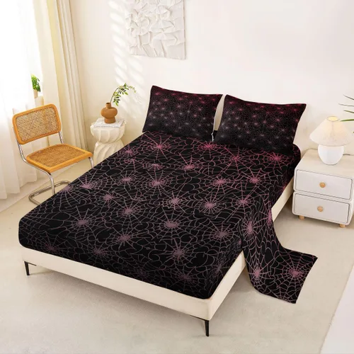 Miniatura 20 de Erosebridal Sábanas de Telaraña Juego de Sábanas Feliz Halloween Juego de Ropa de Cama de Líneas Rayas Geométricas Tamaño King Sábana Plana Amarillo