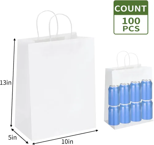 Miniatura 2 de Moretoes Bolsas de papel con asas, 100 unidades de 10 x 5 x 13 pulgadas, bolsas de regalo de papel kraft blancas a granel para compras, venta al por