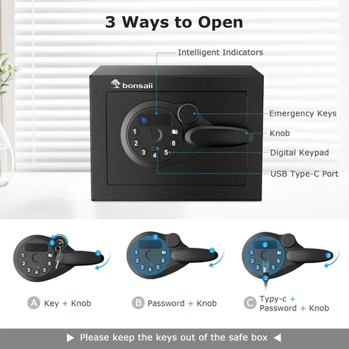 Miniatura 3 de Bonsaii caja fuerte con teclado electrónico, caja de seguridad de acero con llave, 0.23 pies cúbicos, 9.06 pulgadas de ancho x 6.69 pulgadas