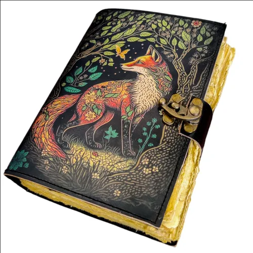 Fox - Libro de hechizos de sombras en blanco, diario de cuero con cierre de cerradura, diario vintage hecho a mano, grimorio celestial, tarot