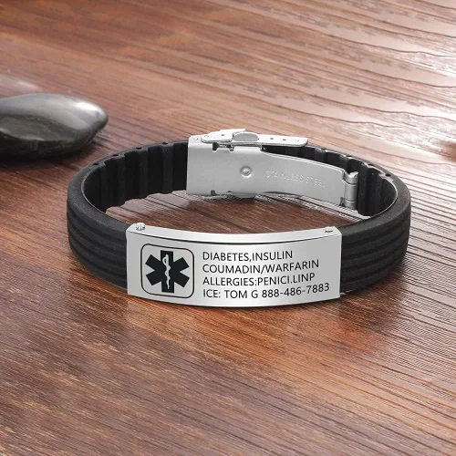 Miniatura 7 de Pulsera personalizada de silicona, pulsera médica deportiva de identificación de emergencia para hombres, mujeres y niños, grabado gratuito