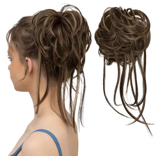 Miniatura 34 de CJL HAIR - Extensión de cabello tipo coletero de chongo desordenado, rizado, sintético, con colas rectas, scrunchies para peinados de moño