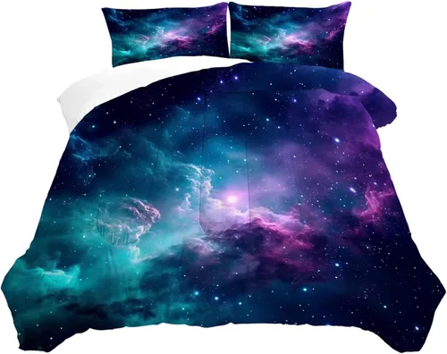 Miniatura 6 de Juego de edredón de galaxia azul, tamaño individual, ropa de cama espacial para niños, niñas, adolescentes, decoración de dormitorio, luna, nube