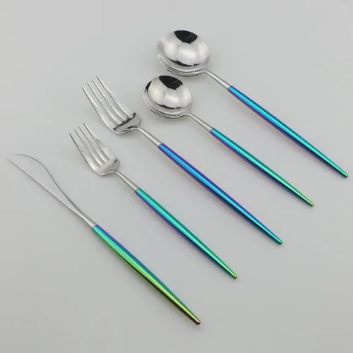 Miniatura 6 de Juego de cubiertos Coloful Rainbow Handle Silver de 5 piezas, espejo de acero inoxidable 18/10, servicio para 1 plateado