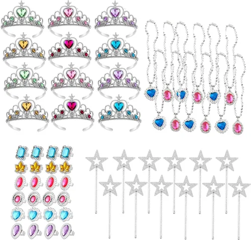 S & E TEACHER'S EDITION Juego de corona de tiaras de 60 piezas, juego de disfraz de princesa, 12 coronas, 12 varitas, 24 anillos, 12 cordones, 60