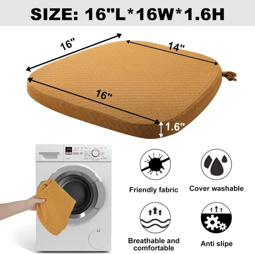 Miniatura 4 de BUYUE Juego de 6 cojines para silla de espuma viscoelástica de lujo, cojines para silla de comedor en forma de U de 16" de jacquard, cómodos, Ocher