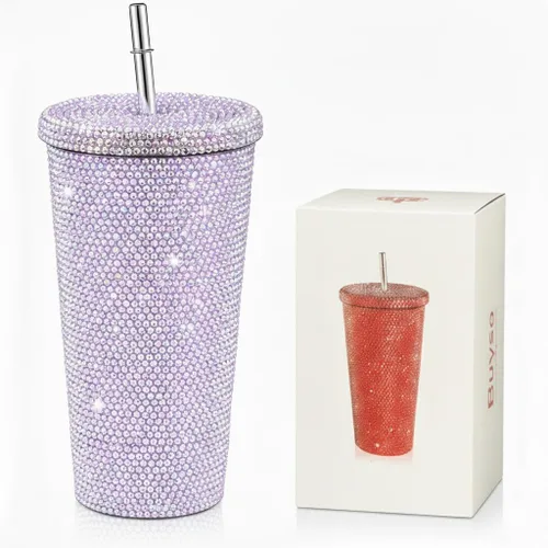 Miniatura 9 de Vaso térmico con diamantes de imitación con tapa, reutilizable, aislado, de acero inoxidable de alta calidad, botella de agua estética de primera