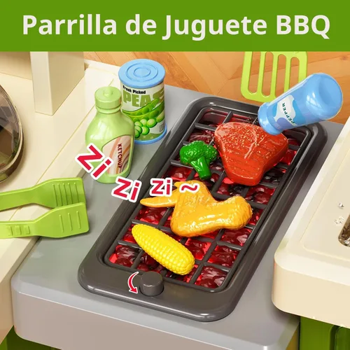 Miniatura 3 de Pupu Pig Juego de cocina para niños, cocina de juego con estufa de juguete, parrilla, fregadero, comida de juguete, accesorios de cocina, juego