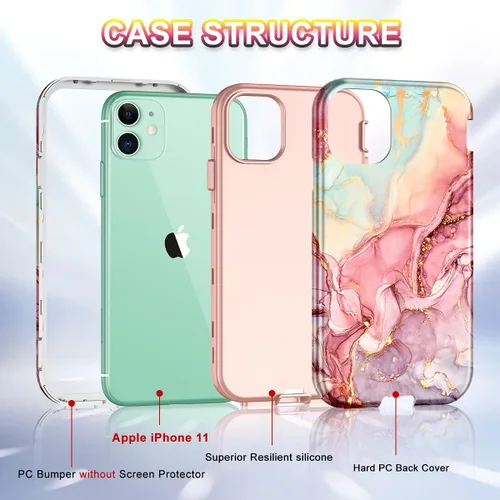 Miniatura 3 de CASEFIV Funda compatible con iPhone 11, patrón de mármol 3 en 1, resistente a prueba de golpes y caídas, cuerpo completo, policarbonato duro