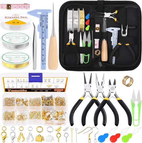 Tanstic Kit de fabricación de joyas, 951 piezas con herramientas, alicates, alambres, hallazgos, bolsa de almacenamiento para reparación de joyas y
