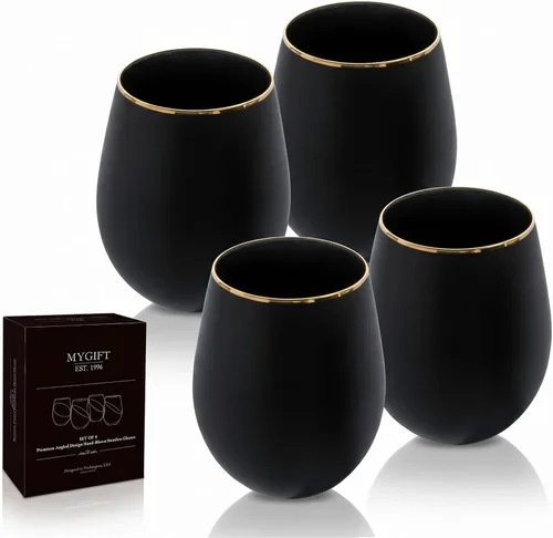 Miniatura 9 de MyGift Copas de vino modernas de 14 onzas sin tallo de vidrio azul iridiscente con borde en ángulo, cristalería transparente con tinte de brillo