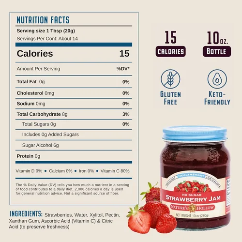 Miniatura 2 de Nature's Hollow Mermelada de Fresa: Mermelada y Conservas Sin Azúcar, Bajas en Calorías, Sin OGM, Mermelada Keto, Vegana, Sin Gluten y Apta