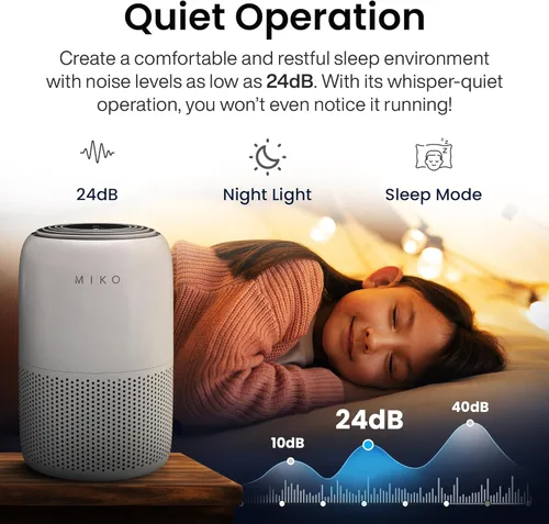 Miniatura 8 de MIKO Purificador de aire para dormitorio con filtro HEPA 3 en 1 y modo de sueño, silencioso como un susurro, cubre hasta 1200 pies cuadrados, Gris