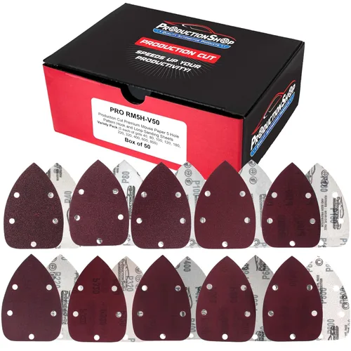 Miniatura 3 de ProductionShop Hojas de papel de lija de lija de grano 180 premium con 5 agujeros, caja de 45 unidades, almohadillas de disco de mouse