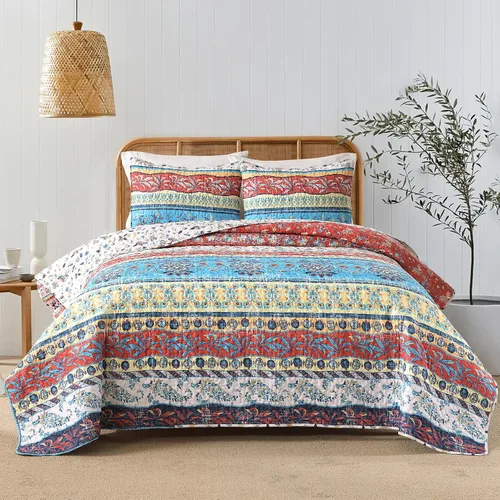 Miniatura 18 de HORIMOTE HOME Juego de edredón bohemio tamaño individual, color azul, bohemio, floral, suave, ligero, para todas las estaciones, colcha de granja