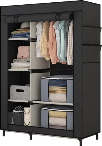 Miniatura 2 de Calmootey Armario portátil, armario con 6 estantes y barra para colgar, organizador de almacenamiento para dormitorio, funda de tela no tejida con 4