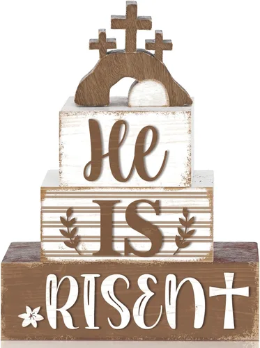 Miniatura 10 de 4 piezas de decoración de mesa de Pascua con texto en inglés "He Is Risen" de madera religiosa, centro de mesa de madera religiosa, bloques de cruz