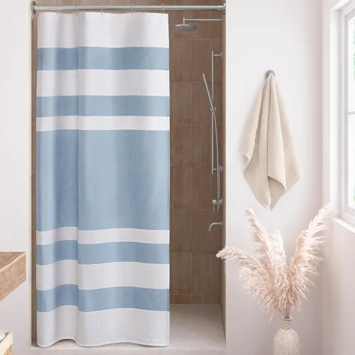 Miniatura 55 de Madison Park Cortina de ducha de tejido waffle con diseño a rayas en piezas, cortina de ducha de tela para baño con gestión de humedad 3M Rayas Taupe