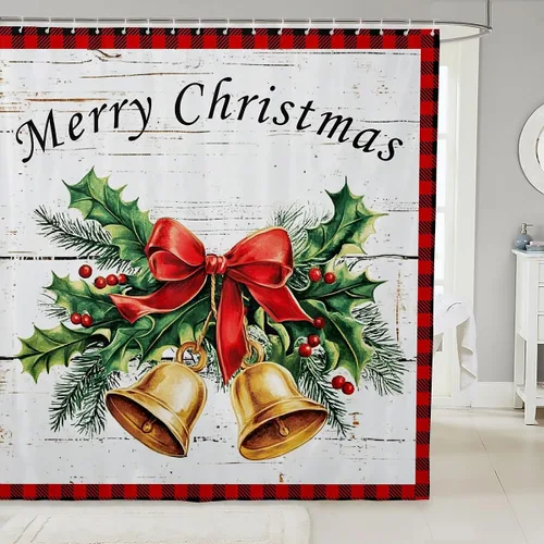 Miniatura 25 de Homewish Cortina de ducha de árbol de Navidad, juego de cortina de ducha de baño con diseño de copo de nieve dorado para niños y adultos, cortina