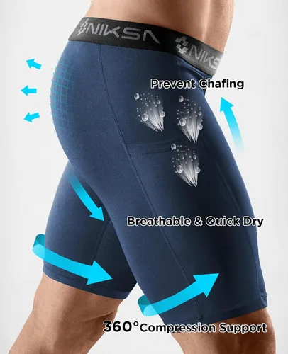 Miniatura 3 de Niksa Paquete de 2/4 pantalones cortos de compresión para hombre con bolsillo, pantalones cortos de elastano para correr, deportes, atletismo