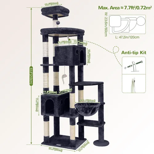 Miniatura 6 de Globlazer Árbol gigante para gatos, árbol para gatos de interior de 83 pulgadas para gatos grandes y adultos, torre XXL para gatos con 9 postes Gris