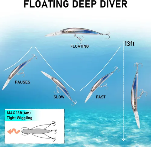 Miniatura 6 de Dr.Fish Paquete de 3 señuelos de pesca de 13 pies de profundidad para buceo de agua salada, señuelos de pesca de agua dulce, tapones de pesca