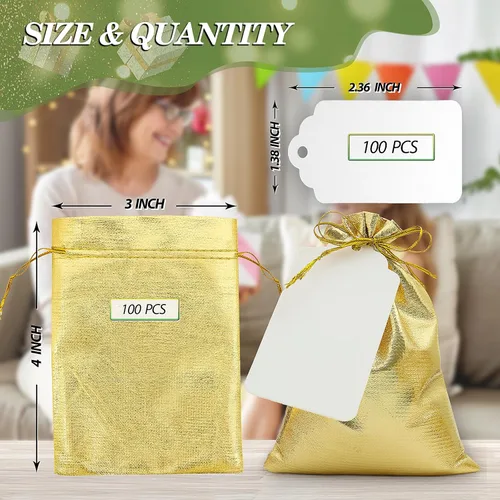 Miniatura 2 de DOYIDE 100 bolsas de regalo con cordón dorado, bolsas pequeñas de joyería de 3 x 4 pulgadas, bolsitas con cordón, bolsas brillantes para recuerdos