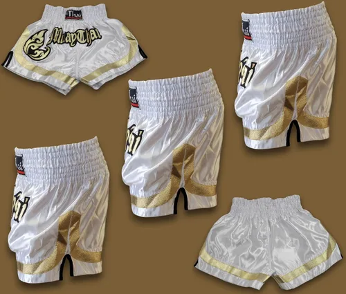 Miniatura 3 de MMA Boxeo Muay Thai Shorts en satén blanco negro oro corte letras