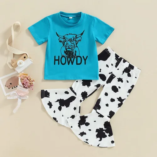 Miniatura 37 de fhutpw Conjunto de camiseta de manga corta con estampado de vaca y pantalones acampanados de dibujos animados para niñas