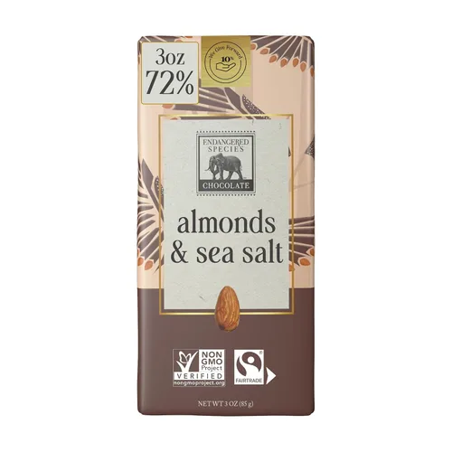 Barra de chocolate negro de especies en peligro de extinción con sal marina y almendras (72% de cacao)