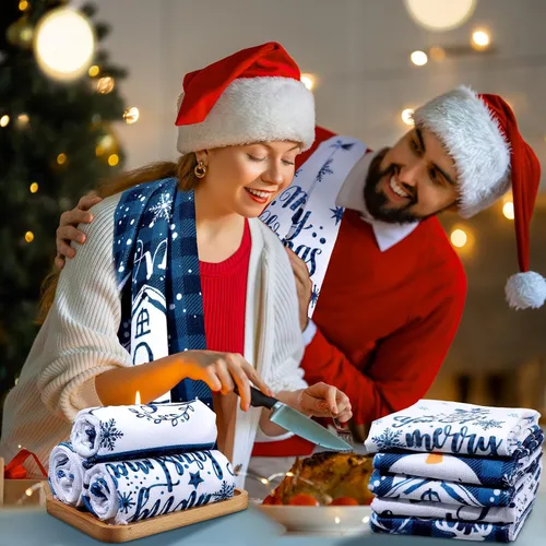 Miniatura 2 de Oudain Juego de 6 paños de cocina de Navidad, toalla de cocina de Navidad, búfalo azul, a cuadros, alce, muñeco de nieve, casa de nieve, camión